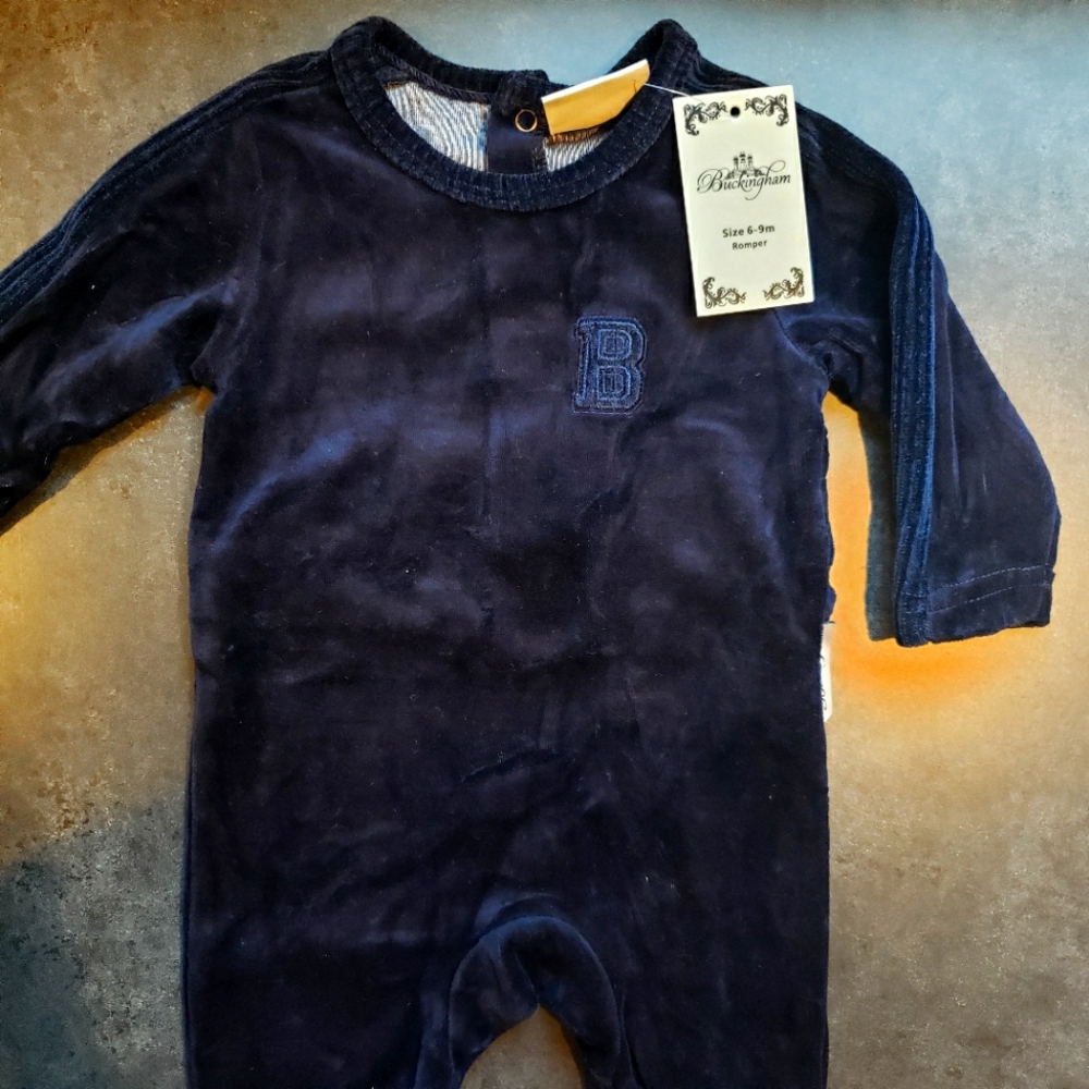Luxe Navy Velvet Ribbed Footie 6/9M NWT